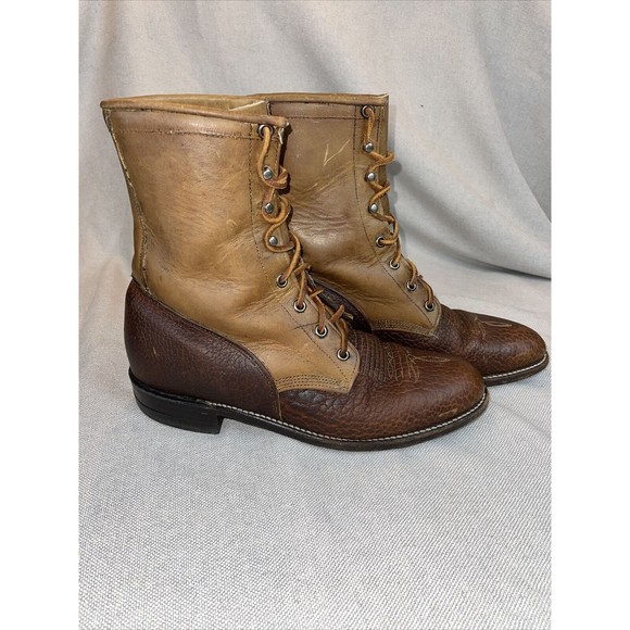 Justin Vintage Boots Size 8.5B Two Tone Brown Made In USA - Picture 1 of 10
